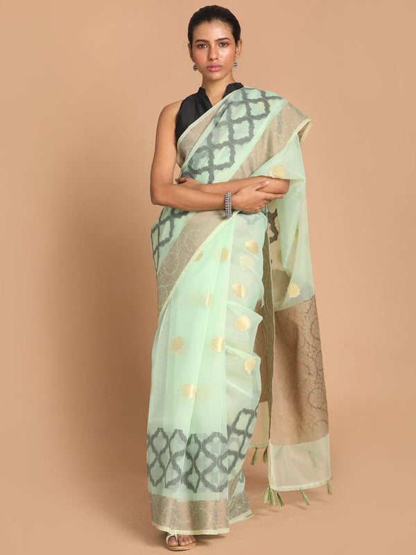 Women's Banarasi Pista Woven Design Party Wear Saree - Indethnic - Indiakreations