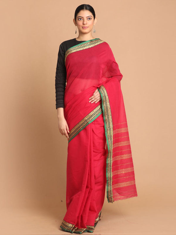 Women's Red Pure Cotton Solid Saree - Indethnic - Indiakreations