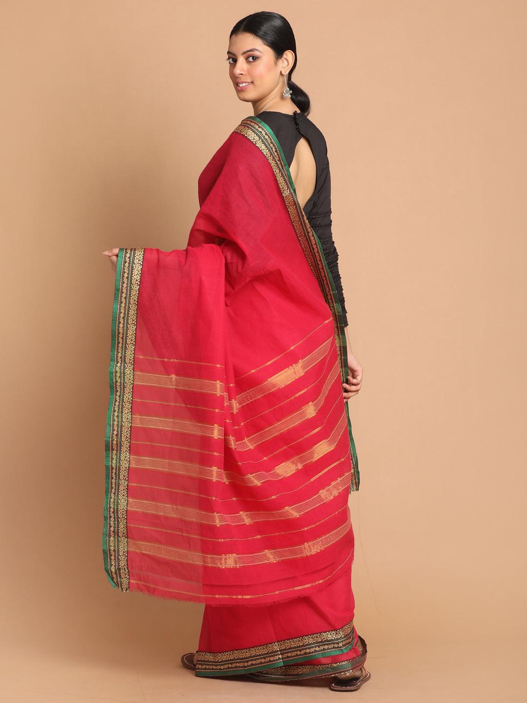 Women's Red Pure Cotton Solid Saree - Indethnic - Indiakreations