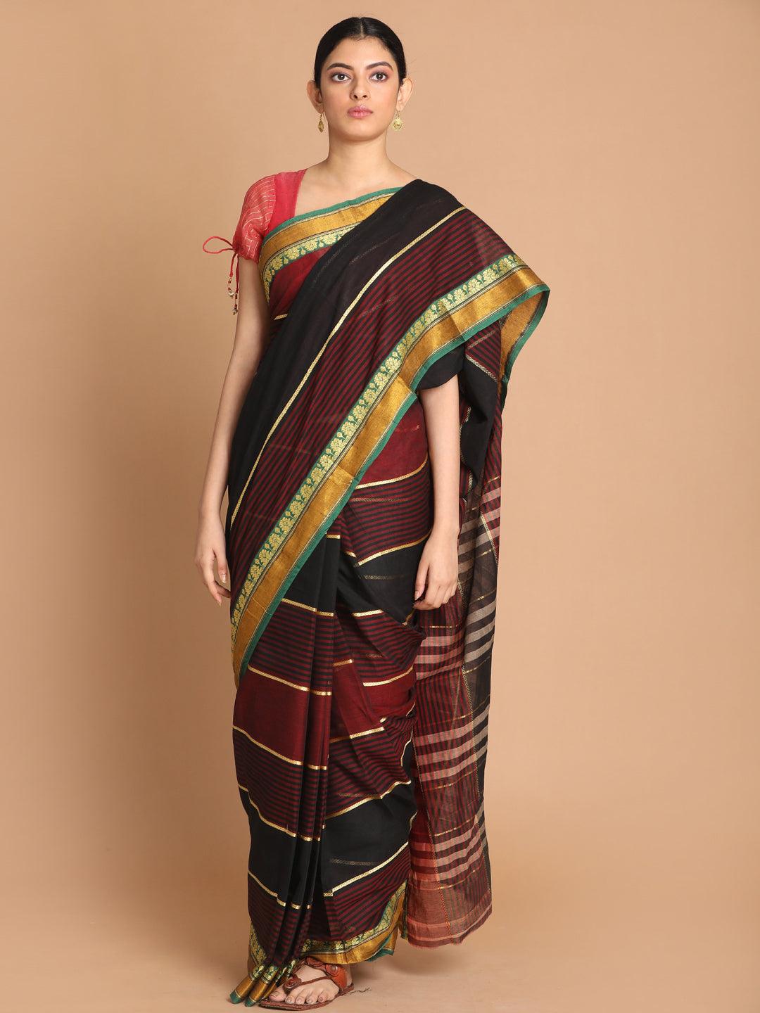 Women's Maroon Pure Cotton Woven Design Saree - Indethnic - Indiakreations