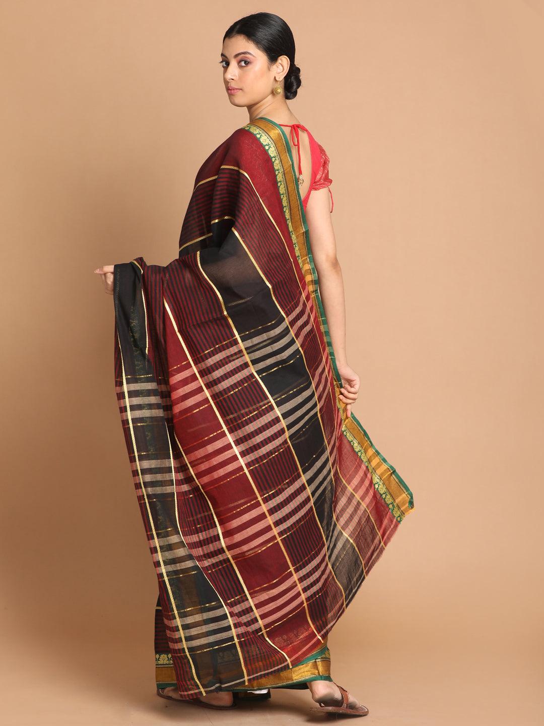 Women's Maroon Pure Cotton Woven Design Saree - Indethnic - Indiakreations