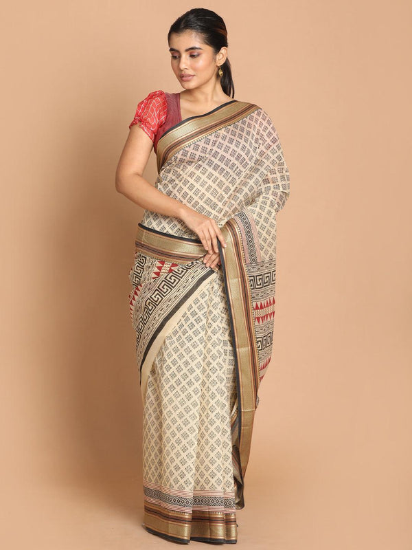 Women's Printed Cotton Blend Saree In Black - Indethnic - Indiakreations