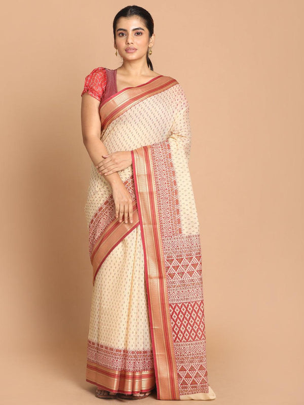 Women's Printed Cotton Blend Saree In Maroon - Indethnic - Indiakreations