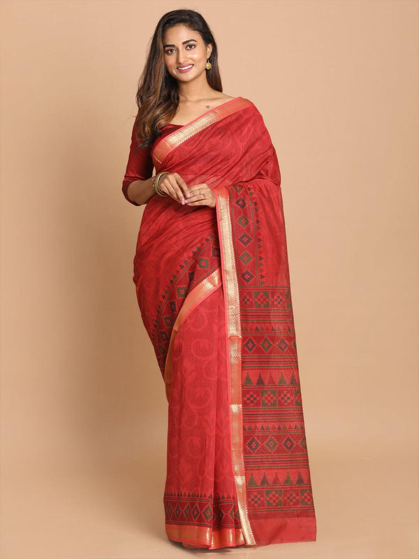 Women's Printed Cotton Blend Saree In Maroon - Indethnic - Indiakreations