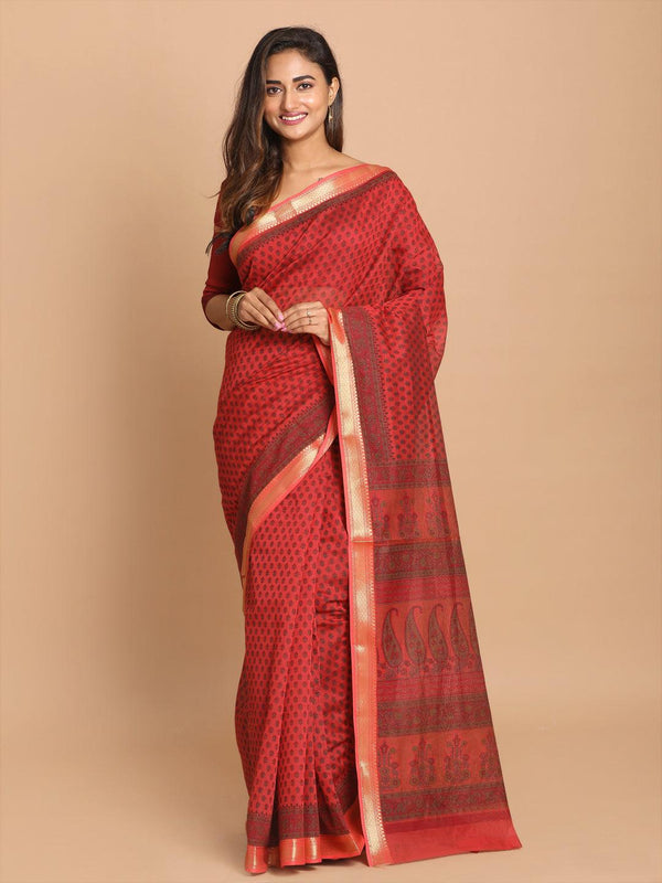 Women's Printed Cotton Blend Saree In Maroon - Indethnic - Indiakreations