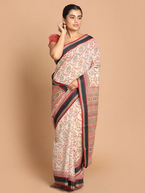 Women's Printed Cotton Blend Saree In Maroon - Indethnic - Indiakreations