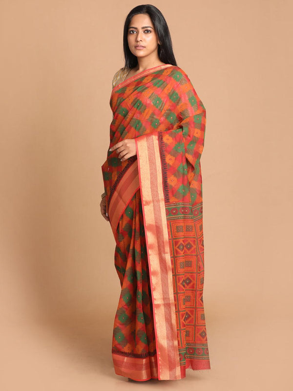 Women's Printed Cotton Blend Saree In Maroon - Indethnic - Indiakreations