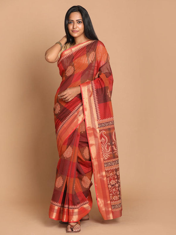 Women's Printed Cotton Blend Saree In Maroon - Indethnic - Indiakreations