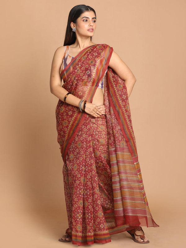 Women's Printed Cotton Blend Saree In Maroon - Indethnic - Indiakreations