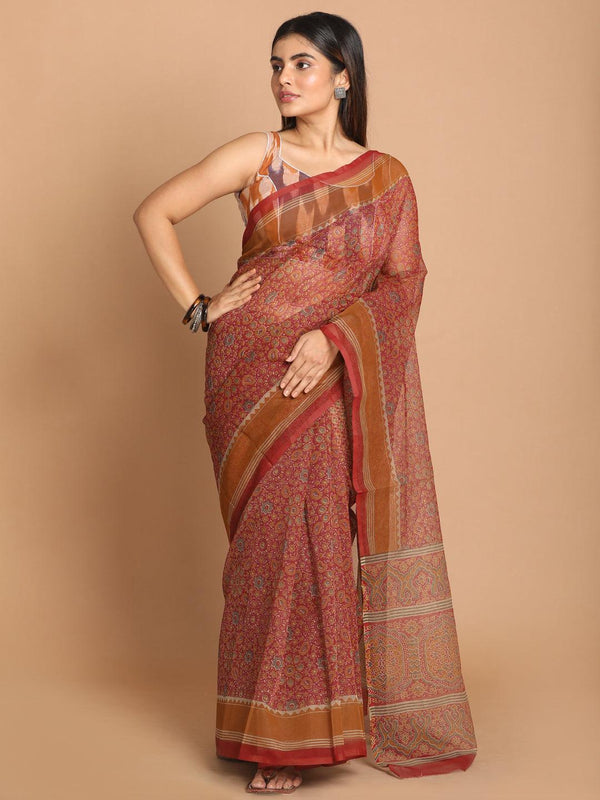 Women's Printed Cotton Blend Saree In Maroon - Indethnic - Indiakreations