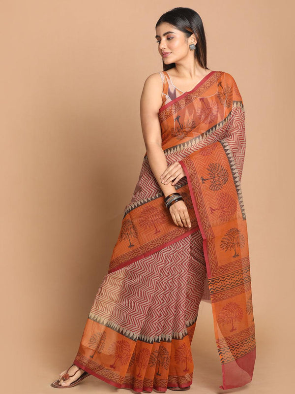 Women's Printed Cotton Blend Saree In Maroon - Indethnic - Indiakreations