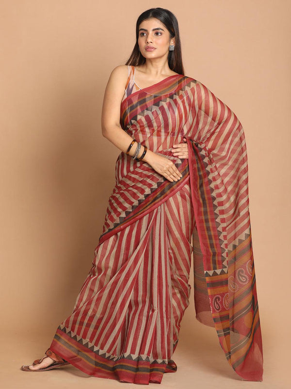 Women's Printed Cotton Blend Saree In Maroon - Indethnic - Indiakreations