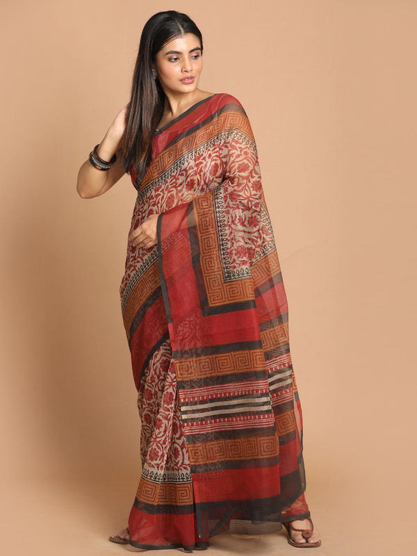 Women's Printed Cotton Blend Saree In Maroon - Indethnic - Indiakreations