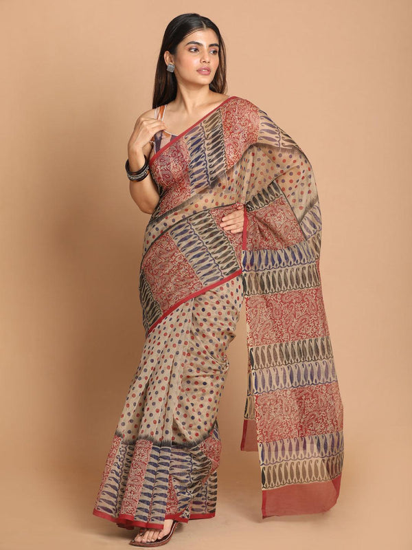 Women's Printed Cotton Blend Saree In Maroon - Indethnic - Indiakreations