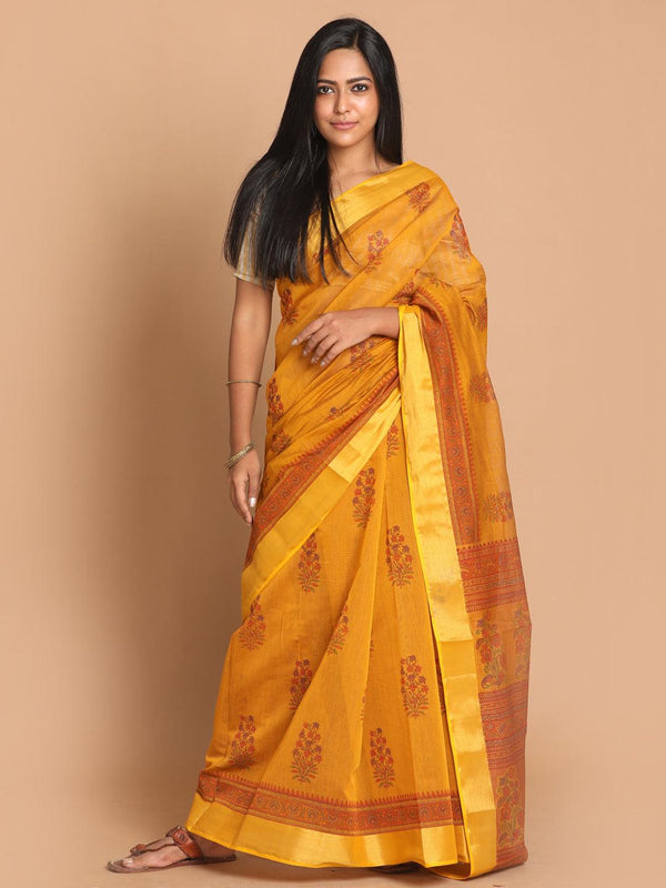 Women's Printed Cotton Blend Saree In Mustard - Indethnic - Indiakreations