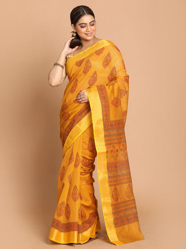 Women's Printed Cotton Blend Saree In Mustard - Indethnic - Indiakreations