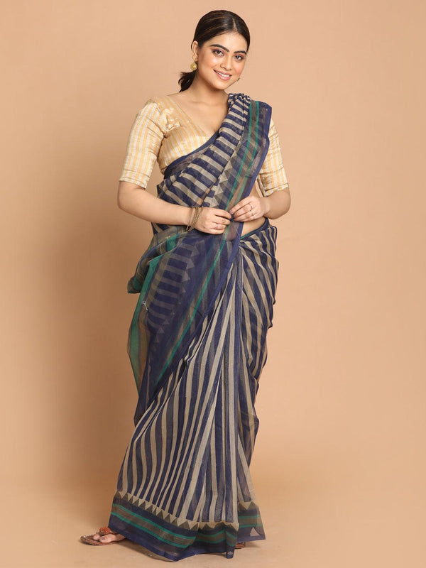 Women's Printed Cotton Blend Saree In Navy Blue - Indethnic - Indiakreations