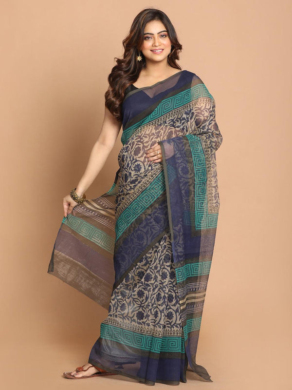 Women's Printed Cotton Blend Saree In Navy Blue - Indethnic - Indiakreations