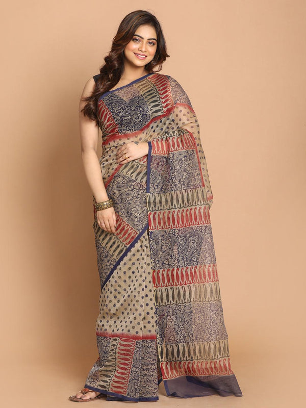 Women's Printed Cotton Blend Saree In Navy Blue - Indethnic - Indiakreations