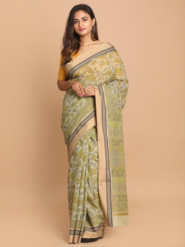 Women's Printed Cotton Blend Saree In Olive - Indethnic - Indiakreations