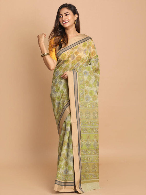 Women's Printed Cotton Blend Saree In Olive - Indethnic - Indiakreations