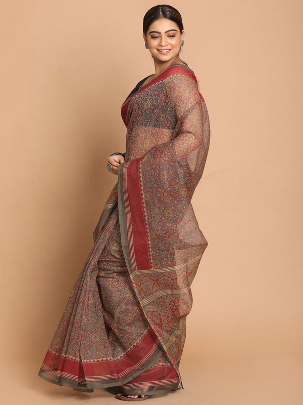 Women's Printed Cotton Blend Saree In Olive - Indethnic - Indiakreations