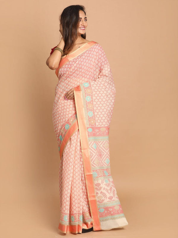 Women's Printed Cotton Blend Saree In Orange - Indethnic - Indiakreations