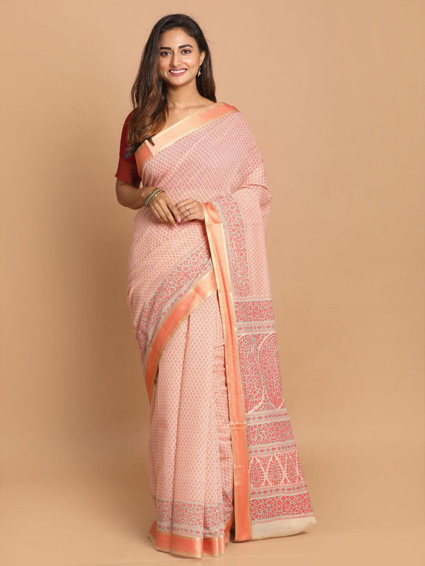 Women's Printed Cotton Blend Saree In Orange - Indethnic - Indiakreations