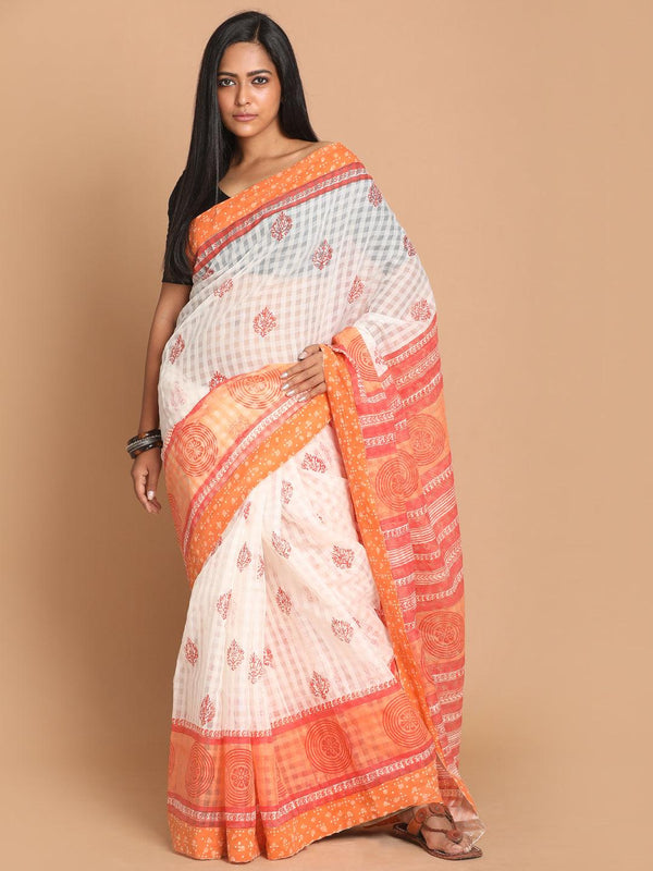 Women's Printed Cotton Blend Saree In Orange - Indethnic - Indiakreations