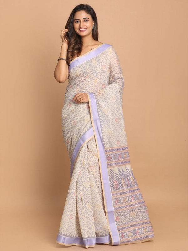 Women's Printed Cotton Blend Saree In Purple - Indethnic - Indiakreations