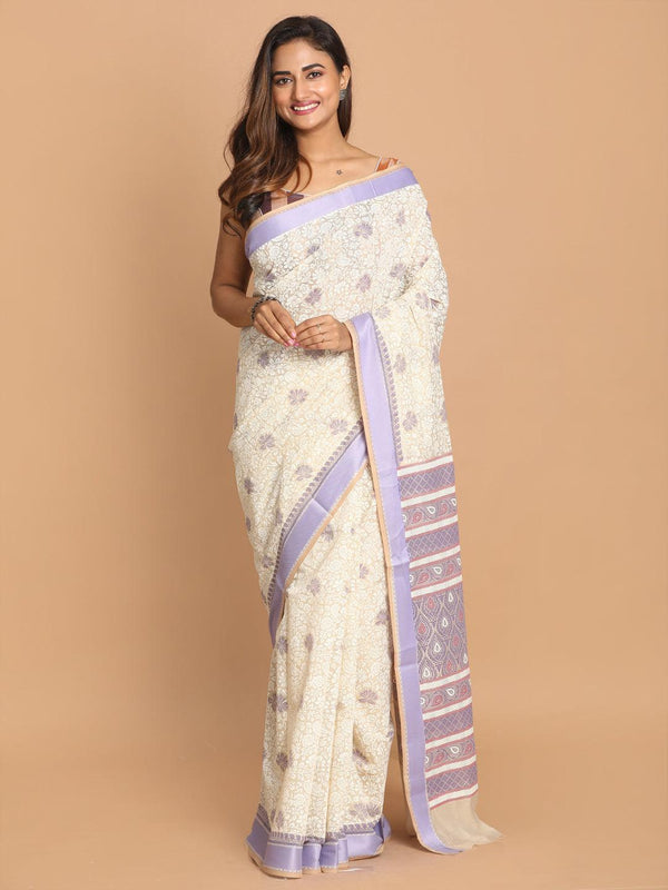 Women's Printed Cotton Blend Saree In Purple - Indethnic - Indiakreations