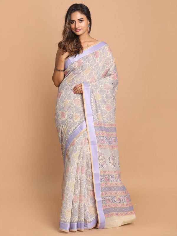 Women's Printed Cotton Blend Saree In Purple - Indethnic - Indiakreations