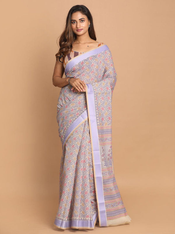 Women's Printed Cotton Blend Saree In Purple - Indethnic - Indiakreations