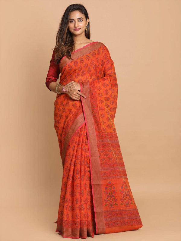 Women's Printed Cotton Blend Saree In Rust - Indethnic - Indiakreations