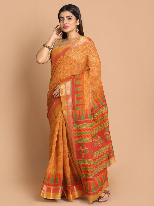 Women's Printed Cotton Blend Saree In Rust - Indethnic - Indiakreations