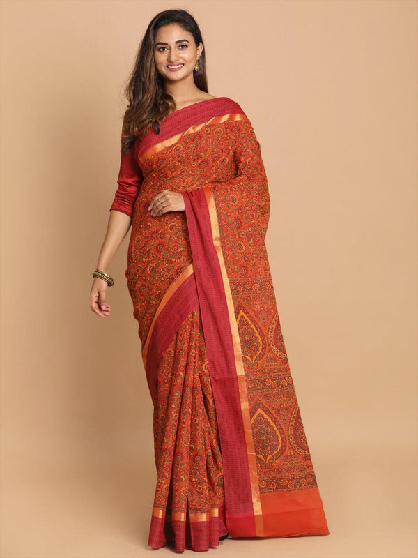 Women's Printed Cotton Blend Saree In Rust - Indethnic - Indiakreations