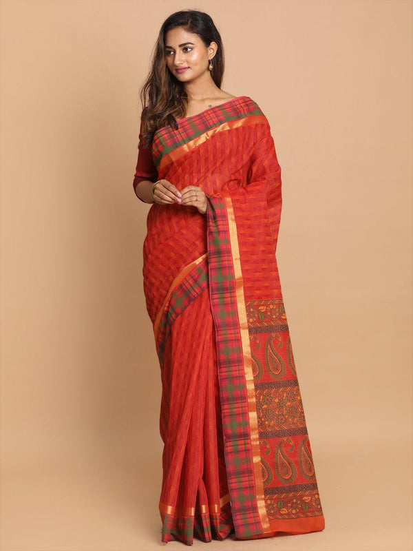 Women's Printed Cotton Blend Saree In Rust - Indethnic - Indiakreations