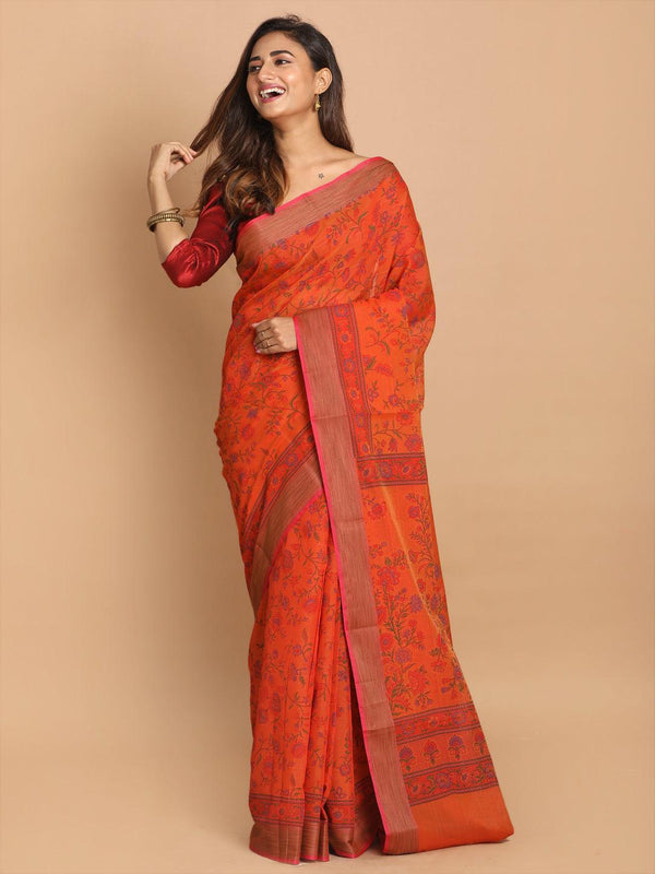 Women's Printed Cotton Blend Saree In Rust - Indethnic - Indiakreations