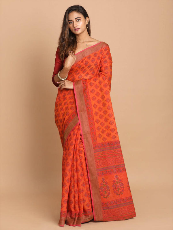 Women's Printed Cotton Blend Saree In Rust - Indethnic - Indiakreations