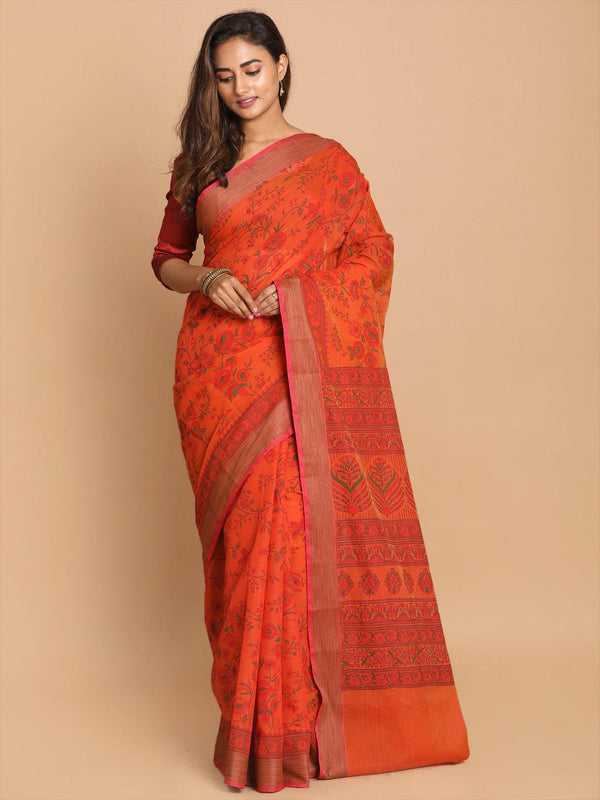 Women's Printed Cotton Blend Saree In Rust - Indethnic - Indiakreations