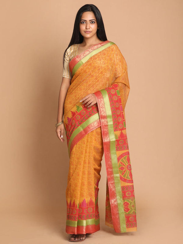 Women's Printed Cotton Blend Saree In Rust - Indethnic - Indiakreations