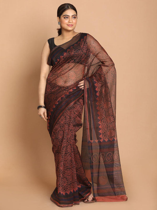 Women's Printed Cotton Blend Saree In Rust - Indethnic - Indiakreations