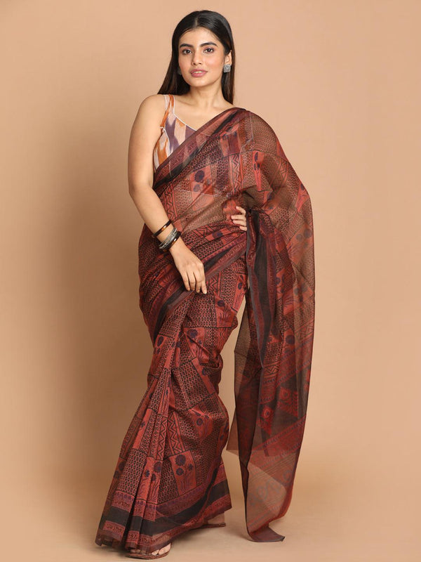 Women's Printed Cotton Blend Saree In Rust - Indethnic - Indiakreations