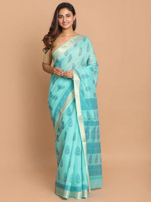 Women's Printed Cotton Blend Saree In Sea Green - Indethnic - Indiakreations