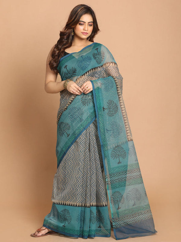 Women's Printed Cotton Blend Saree In Sea Green - Indethnic - Indiakreations