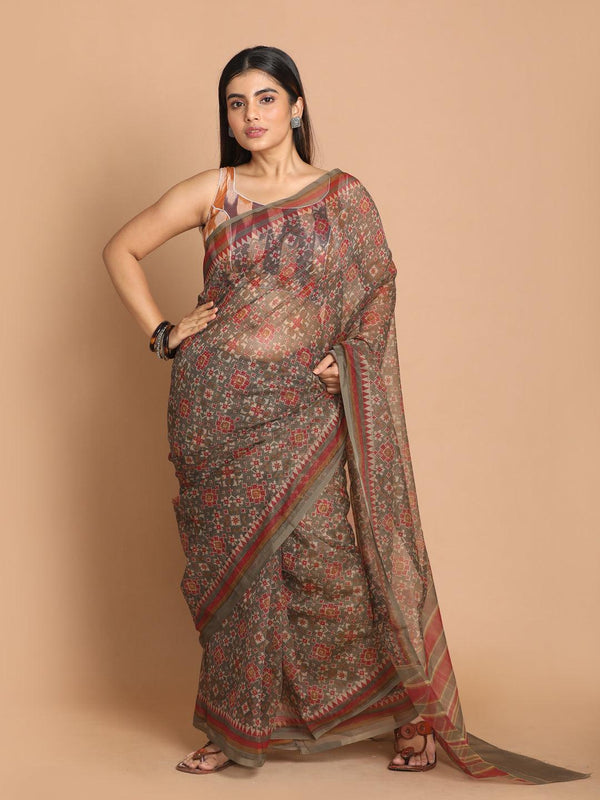 Women's Printed Cotton Blend Saree In Tan - Indethnic - Indiakreations