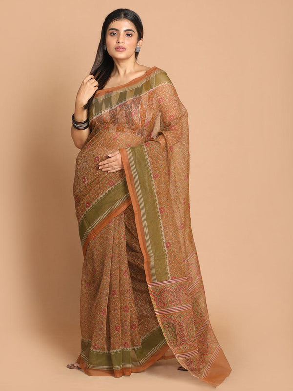 Women's Printed Cotton Blend Saree In Tan - Indethnic - Indiakreations