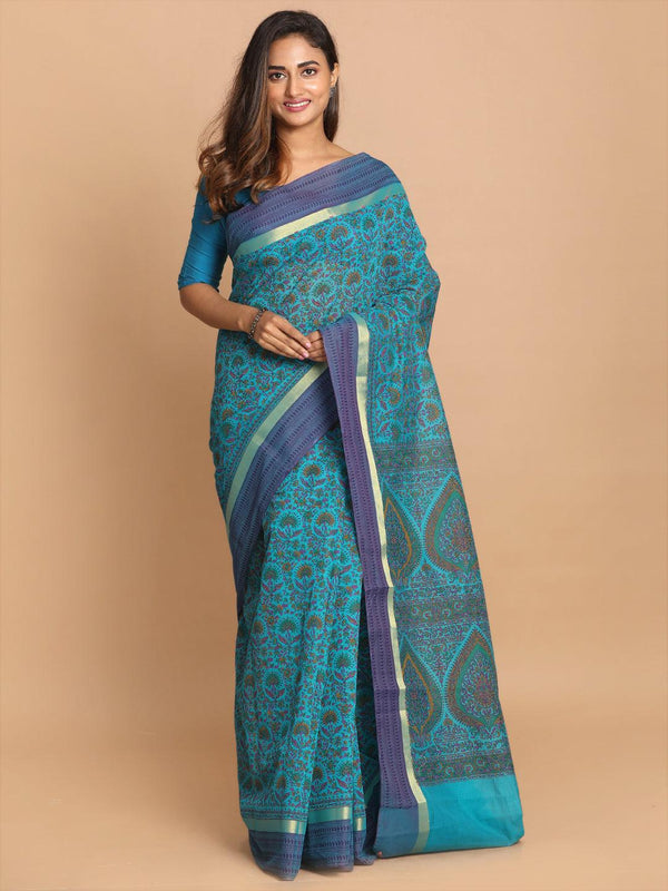 Women's Printed Cotton Blend Saree In Turquoise Blue - Indethnic - Indiakreations