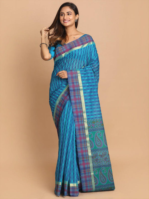 Women's Printed Cotton Blend Saree In Turquoise Blue - Indethnic - Indiakreations