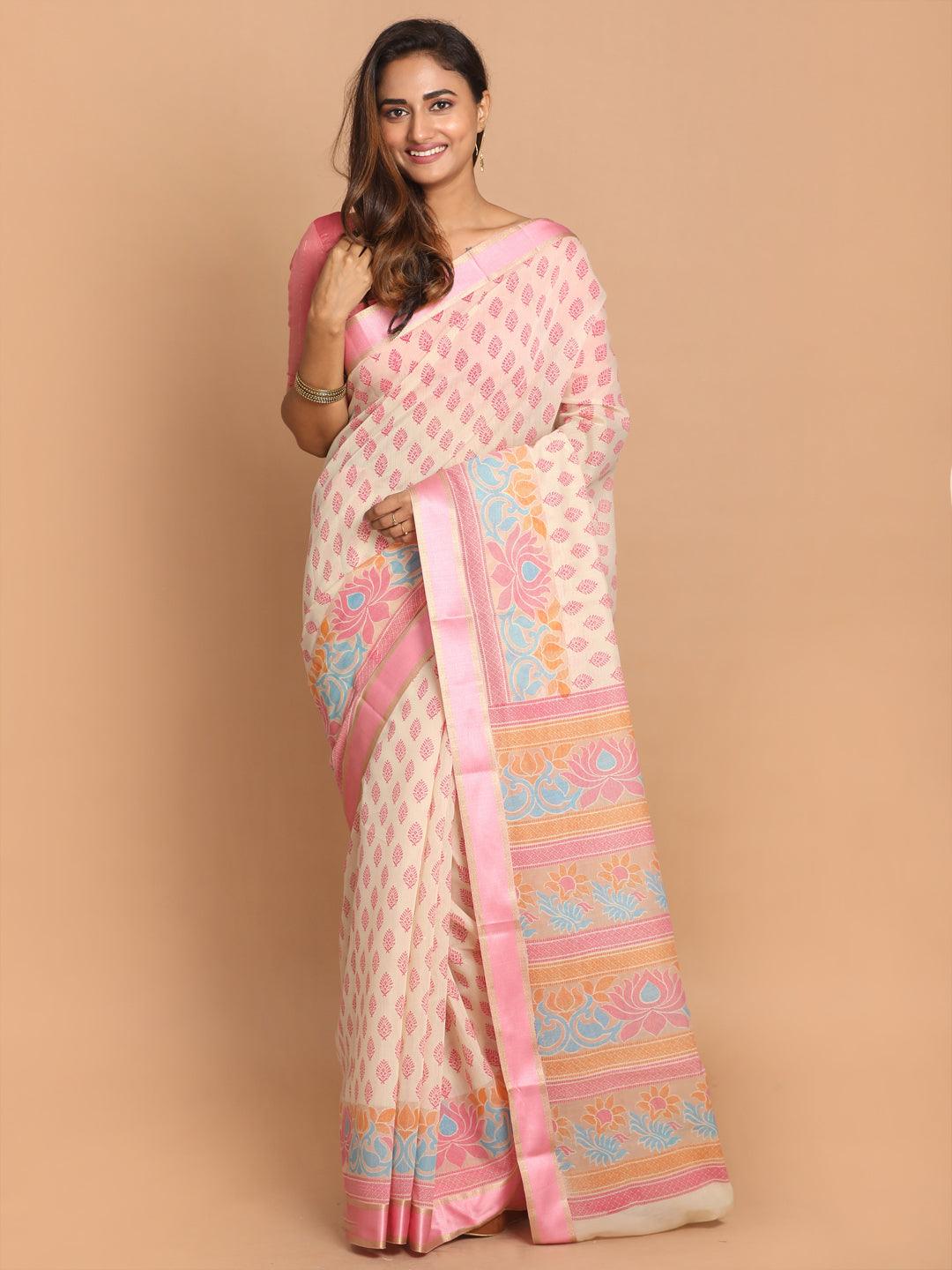 Women's Printed Cotton Blend Saree In Pink - Indethnic - Indiakreations